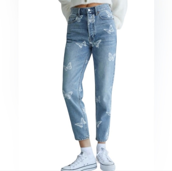 Pacsun Ultra High Rise Slim Button Fly Butterfly Theme Blue Jeans Size 26 - Picture 2 of 8